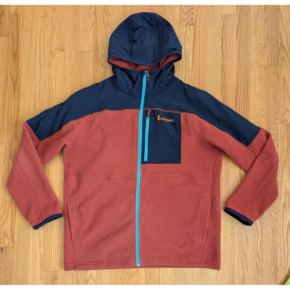 Cotopaxi Fleece Full-Zip Jacket Mens Abrazo Hooded Size XL Rust Orange Navy Blue
